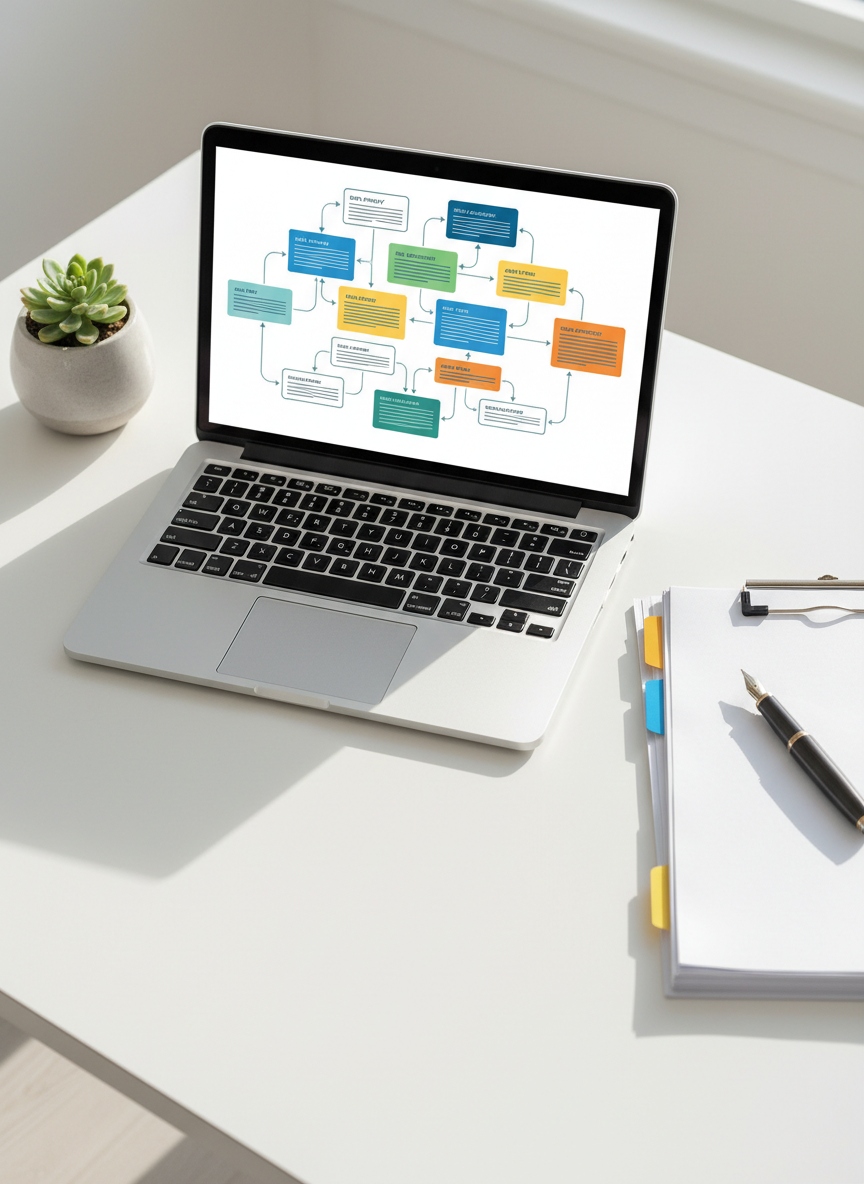 A close-up, overhead photographic view of a clean white desk featuring a high-end laptop with an open screen full of structured policy diagrams and governance workflows rendered as tidy, colorful blocks and arrows. Beside the laptop lies a neatly stacked set of printed documents with subtle tab dividers, a dark metal fountain pen, and a small potted plant adding a touch of green. Soft morning light filters in from the left, creating delicate shadows and gentle highlights on the paper and keyboard. The mood is organized, rigorous, and methodical, evoking IT governance and compliance by design. Composition follows the rule of thirds with a shallow depth of field that keeps the laptop screen and documents in crisp focus while the edges of the frame blur slightly.