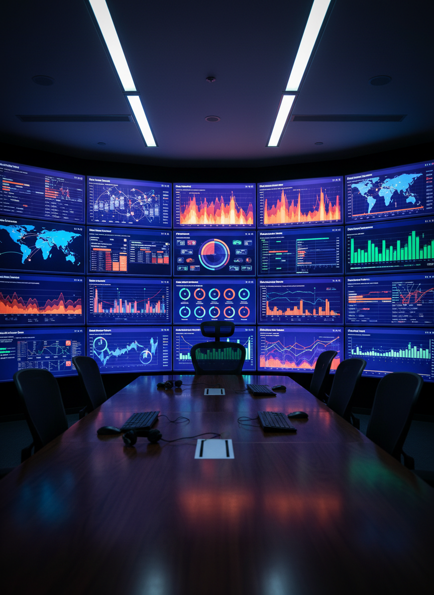 A polished operations war-room style space without people, centered on a wide curved wall of monitors showing colorful dashboards of system uptime, DevOps pipelines, and cloud operations metrics represented through abstract graphs, maps, and status indicators. In the foreground, several empty ergonomic chairs face a long dark table lined with keyboards and neatly arranged headsets. Cool LED ceiling lighting mixes with the faint glow from the screens, casting soft reflections on the tabletop and creating a high-tech ambiance. Photographic realism shot at eye level, with sharp focus on the central monitors and a slight vignette to draw the eye inward. The atmosphere feels vigilant yet controlled, illustrating operational excellence and always-on IT operations.