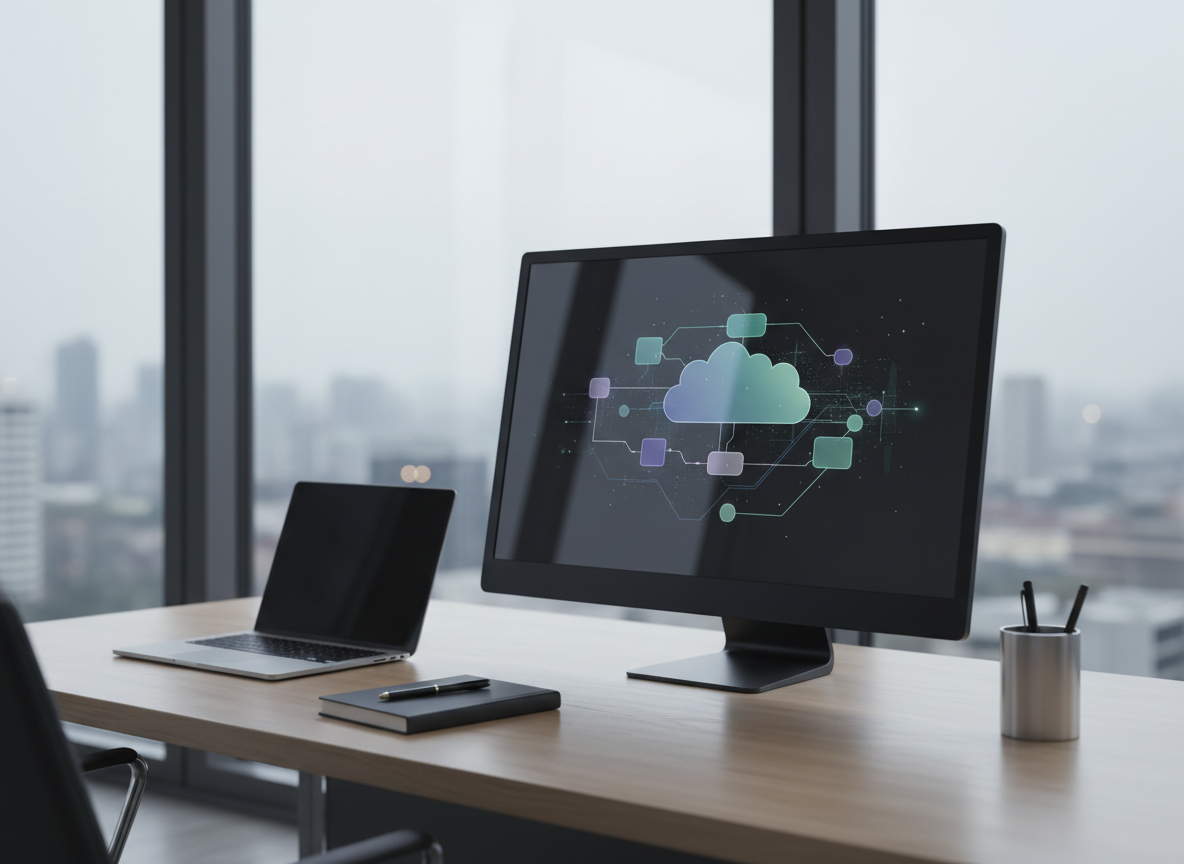 A sleek, ultra-modern executive workspace viewed from a slightly elevated angle, with a large matte-black monitor displaying a complex cloud architecture diagram composed of abstract geometric nodes and connecting lines. The screen sits on a tidy wooden desk alongside a slim silver laptop, a dark notebook, and a minimalist pen holder. Floor-to-ceiling windows reveal a blurred city skyline, with soft overcast daylight washing the room in cool, even illumination and creating gentle reflections on the monitor. The mood is focused and strategic, emphasizing technology leadership and cloud strategy. Photographic realism, sharp focus on the screen and desk objects with a subtle bokeh background, clean and modern aesthetic suggesting calm control over complex IT environments.